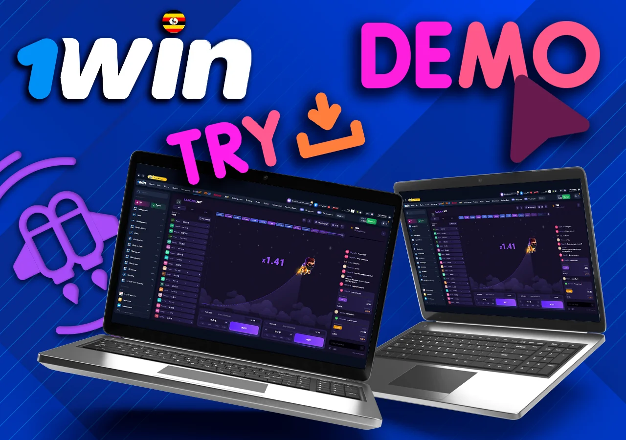 Two laptops showing Lucky Jet rounds on 1Win, sign “try demo”