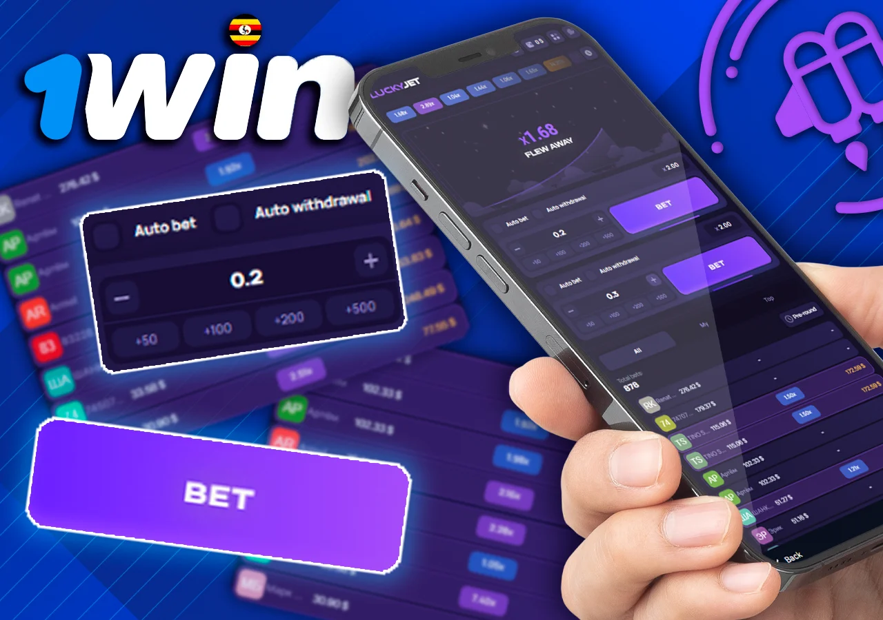 In hand phone with Lucky Jet, next to the bet menu and button is shown