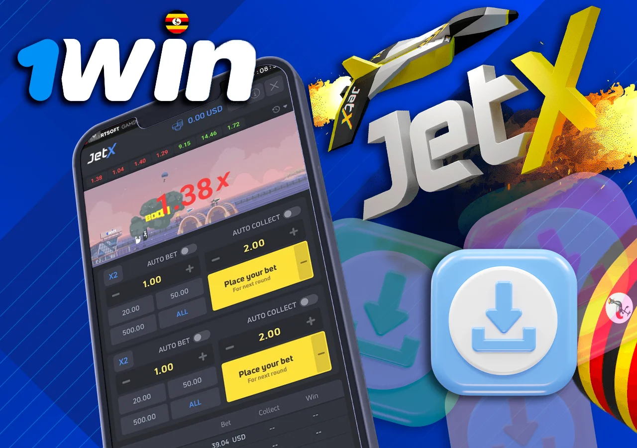 Phone with a completed round of the game, next to the "Download" button and JetX logo