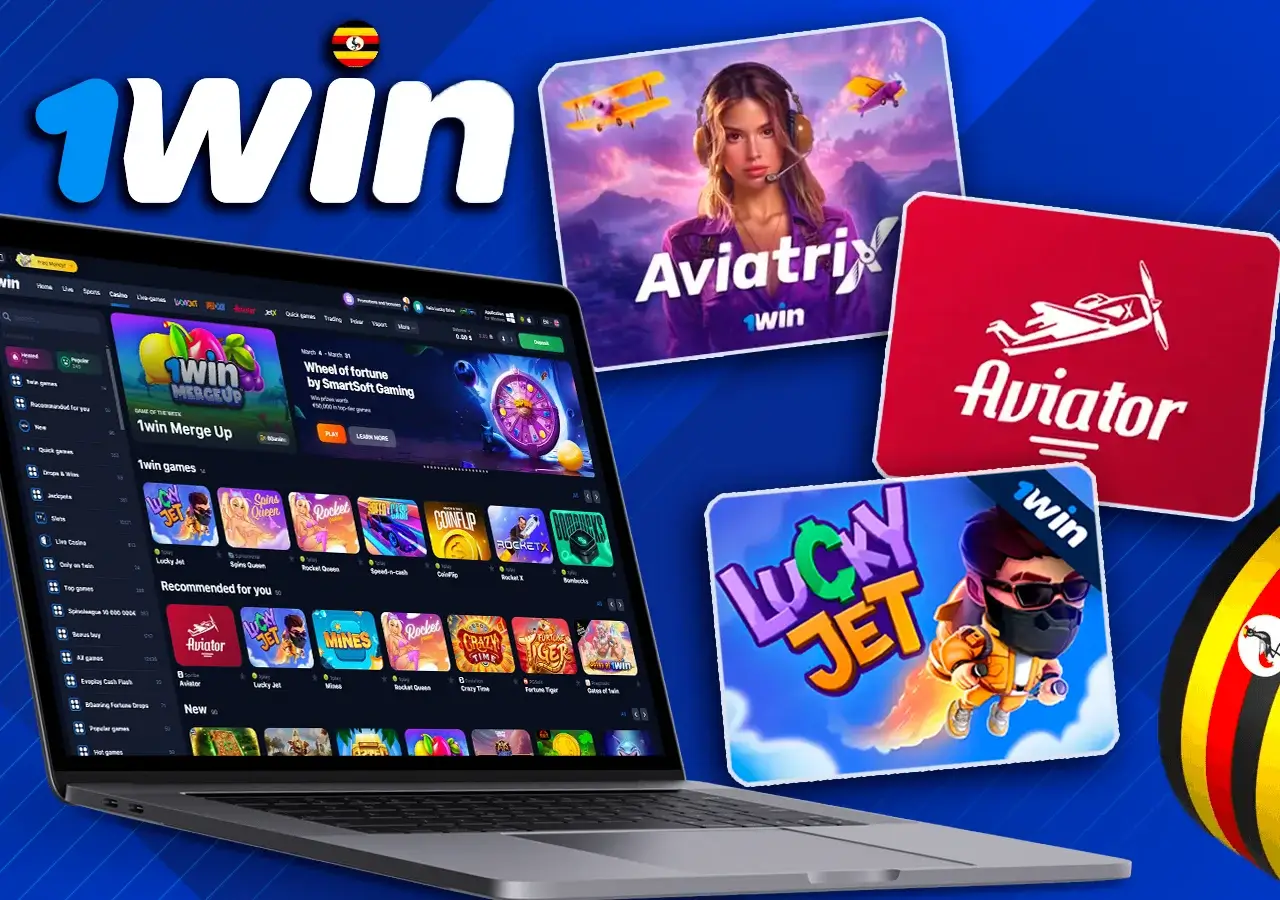 Laptop with open page of casino games, next to three covers of popular games of the site